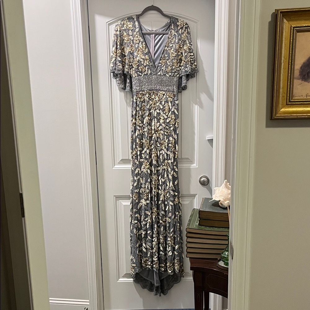 Mac Duggal Gray and Gold Maxi Dress
